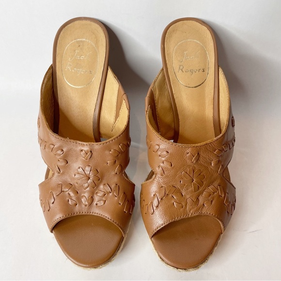 Jack Rogers Sophia Oak Brown Leather Wood Stacked Wedge Slide Sandals Size 6 - Picture 3 of 9